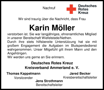 Traueranzeige von Karin Möller von Nordwest-Zeitung