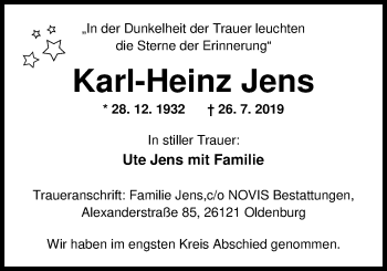 Traueranzeige von Karl-Heinz Jens von Nordwest Zeitung