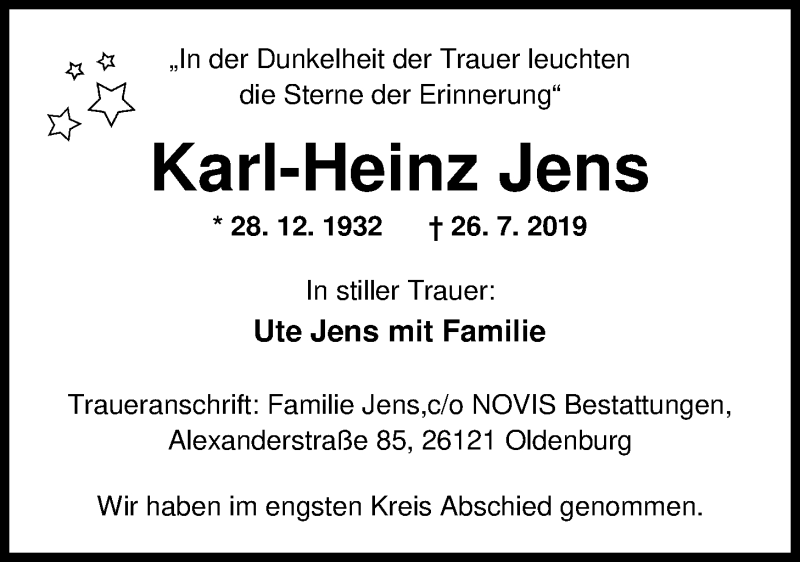  Traueranzeige für Karl-Heinz Jens vom 17.08.2019 aus Nordwest Zeitung