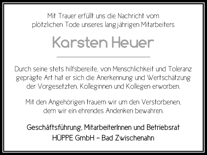  Traueranzeige für Karsten Heuer vom 10.08.2019 aus Nordwest-Zeitung