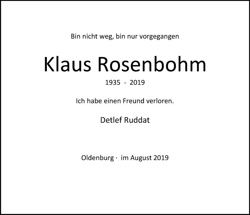  Traueranzeige für Klaus Rosenbohm vom 17.08.2019 aus Nordwest Zeitung