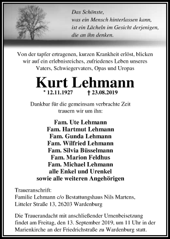 Traueranzeige von Kurt Lehmann von Nordwest-Zeitung
