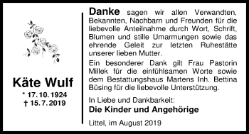 Traueranzeige von Käte Wulf von Nordwest-Zeitung