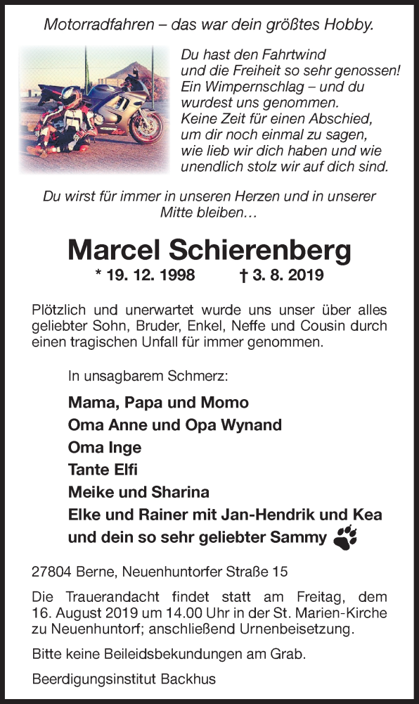  Traueranzeige für Marcel Schierenberg vom 08.08.2019 aus Nordwest-Zeitung