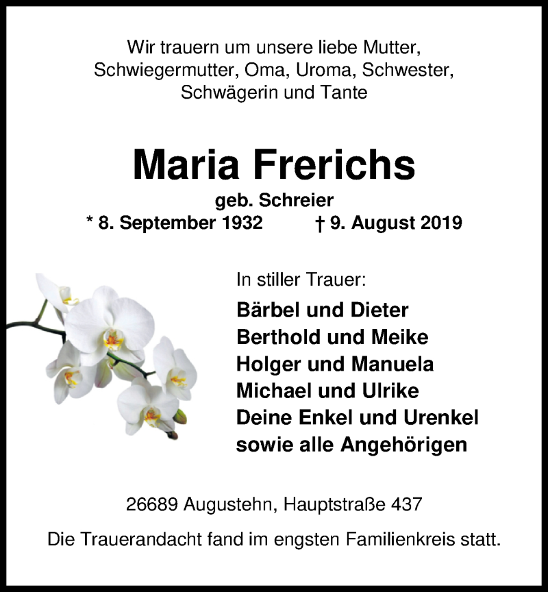  Traueranzeige für Maria Frerichs vom 21.08.2019 aus Nordwest-Zeitung