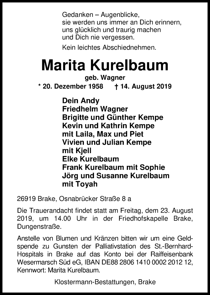  Traueranzeige für Marita Kurelbaum vom 17.08.2019 aus Nordwest Zeitung