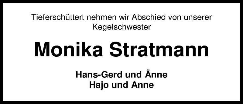  Traueranzeige für Monika Stratmann vom 19.08.2019 aus Nordwest-Zeitung