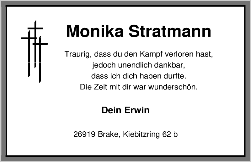  Traueranzeige für Monika Stratmann vom 16.08.2019 aus Nordwest-Zeitung