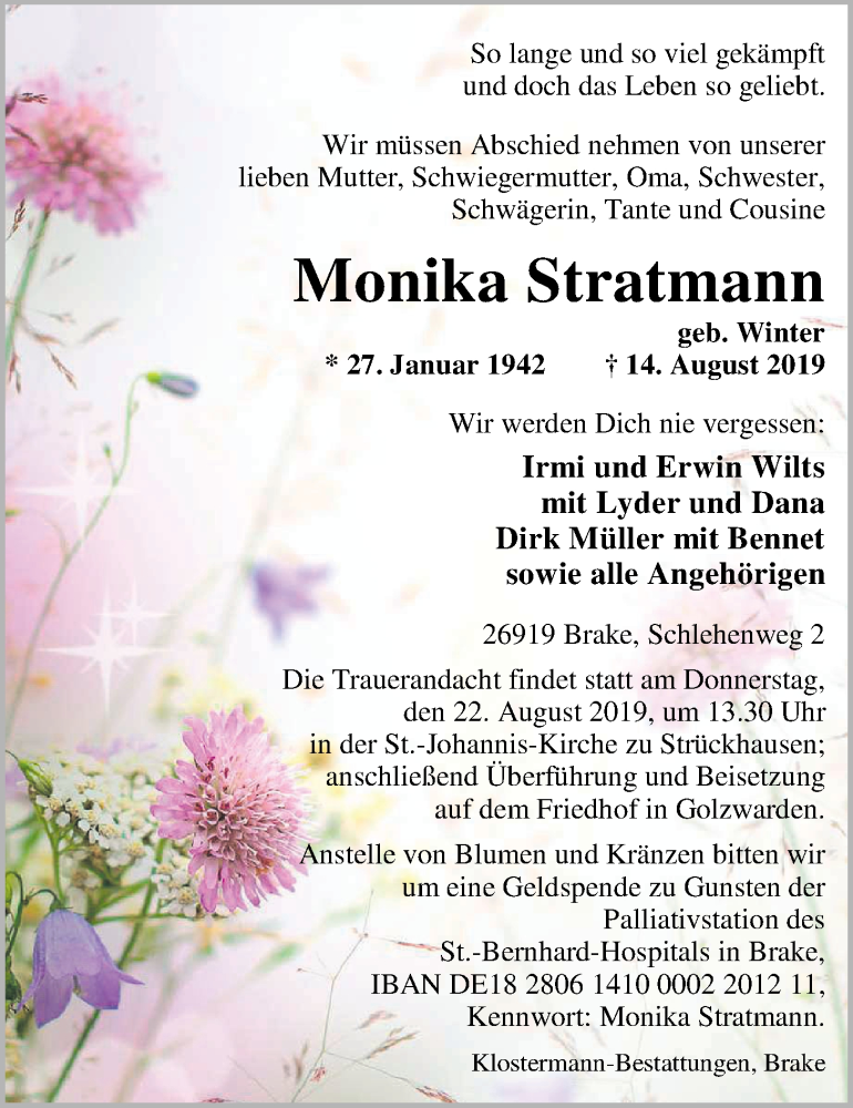  Traueranzeige für Monika Stratmann vom 16.08.2019 aus Nordwest-Zeitung