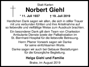 Traueranzeige von Norbert Giehl von Nordwest Zeitung
