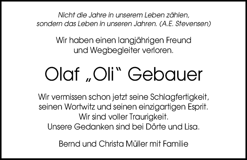  Traueranzeige für Olaf-Jürgen Gebauer vom 03.08.2019 aus Nordwest-Zeitung