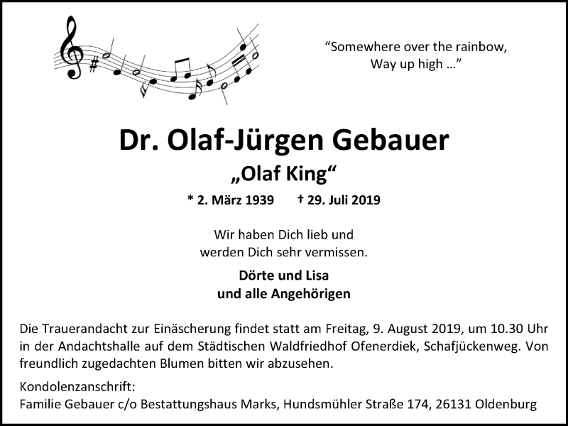  Traueranzeige für Olaf-Jürgen Gebauer vom 03.08.2019 aus Nordwest-Zeitung
