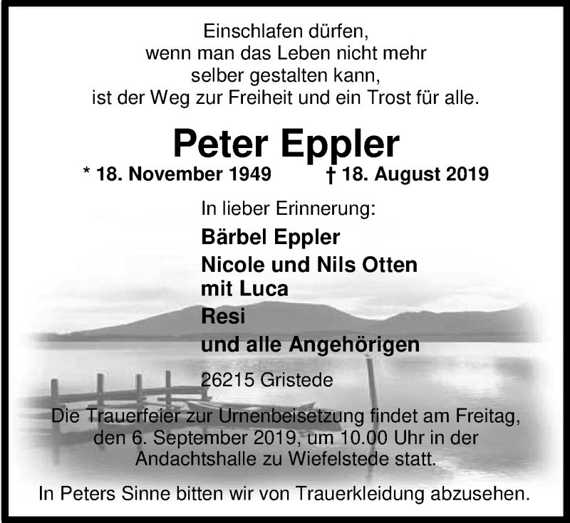 Traueranzeige für Peter Eppler vom 23.08.2019 aus Nordwest-Zeitung