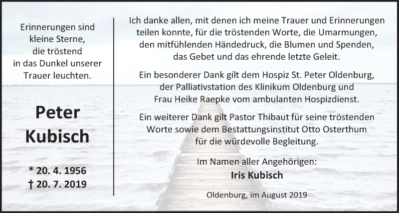  Traueranzeige für Peter Kubisch vom 24.08.2019 aus Nordwest-Zeitung
