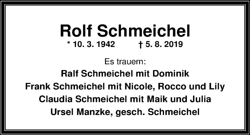  Traueranzeige für Rolf Schmeichel vom 10.08.2019 aus Nordwest-Zeitung