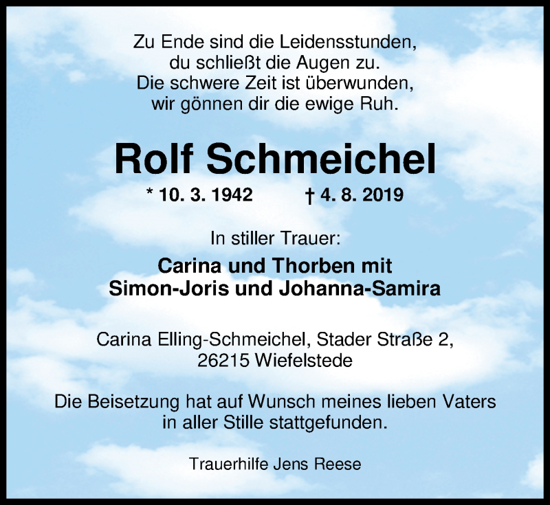  Traueranzeige für Rolf Schmeichel vom 16.08.2019 aus Nordwest-Zeitung