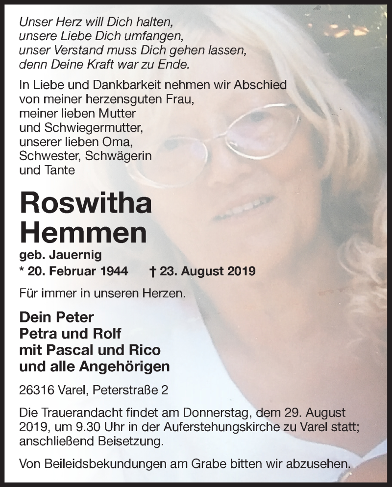  Traueranzeige für Roswitha Hemmen vom 27.08.2019 aus Nordwest-Zeitung