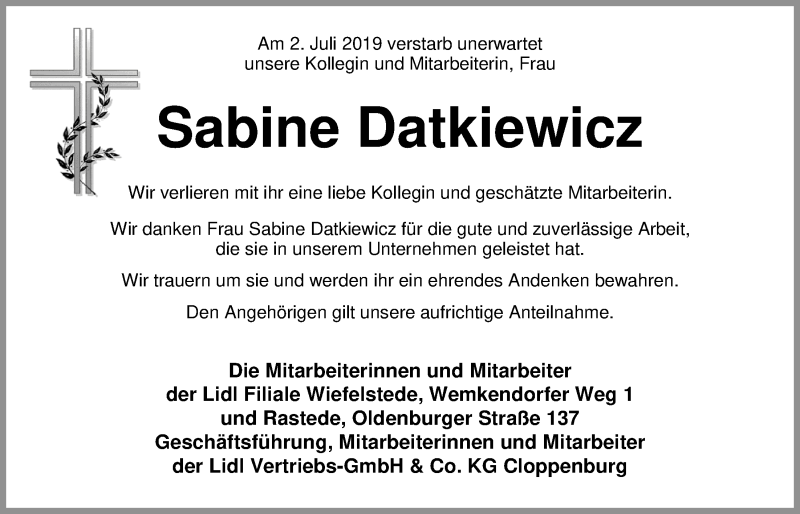  Traueranzeige für Sabine Datkiewicz vom 03.08.2019 aus Nordwest-Zeitung
