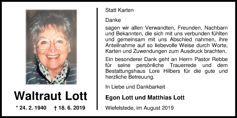  Traueranzeige für Waltraut Lott vom 10.08.2019 aus Nordwest-Zeitung