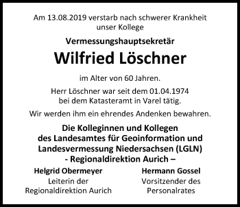Traueranzeige von Wilfried Löschner von Nordwest-Zeitung