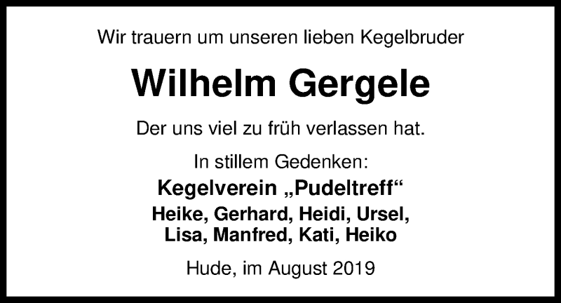  Traueranzeige für Wilhelm Gergele vom 21.08.2019 aus Nordwest-Zeitung