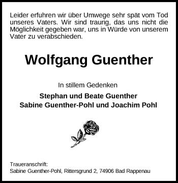 Traueranzeige von Wolfgang Guenther von Nordwest-Zeitung