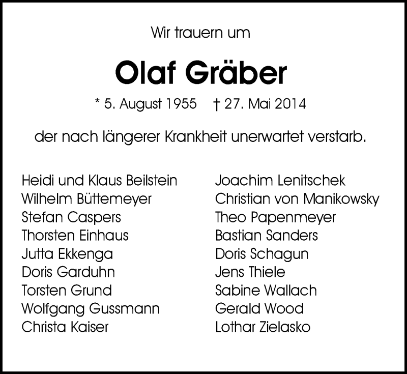  Traueranzeige für Olaf Gräber vom 06.06.2014 aus Nordwest-Zeitung