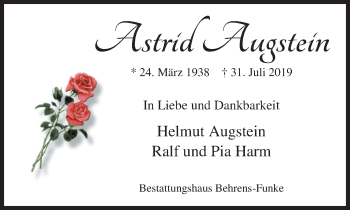 Traueranzeige von Astrid Augstein von Nordwest-Zeitung