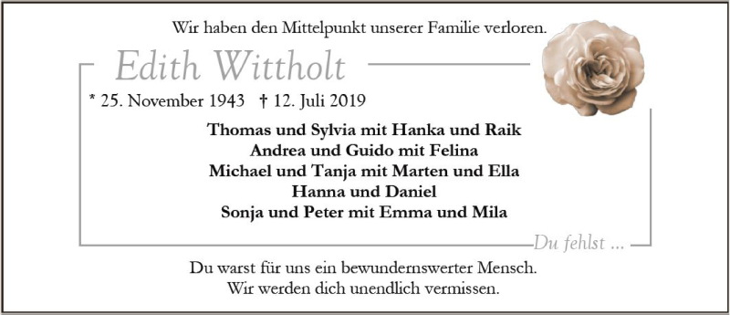  Traueranzeige für Edith Wittholt vom 17.07.2019 aus Nordwest-Zeitung