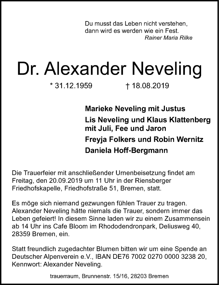  Traueranzeige für Alexander Neveling vom 14.09.2019 aus Nordwest-Zeitung