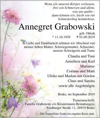 Traueranzeige von Annegret Grabowski von Nordwest-Zeitung