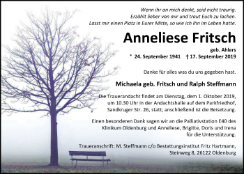 Traueranzeige von Anneliese Fritsch von Nordwest-Zeitung