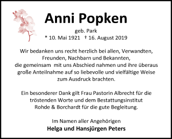 Traueranzeige von Anni Popken von Nordwest-Zeitung