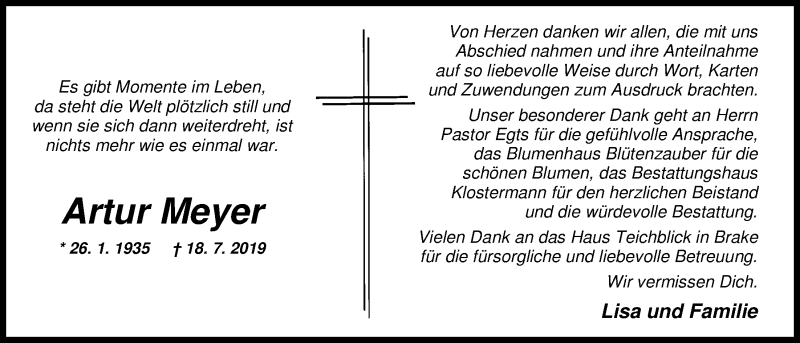  Traueranzeige für Artur Meyer vom 17.09.2019 aus Nordwest-Zeitung