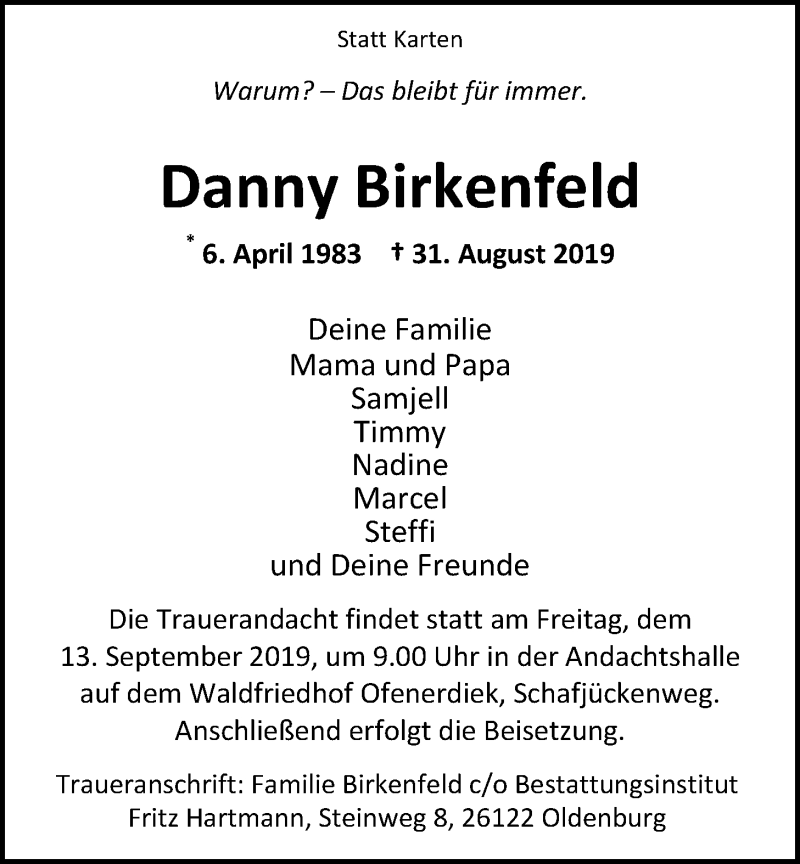  Traueranzeige für Danny Birkenfeld vom 09.09.2019 aus Nordwest-Zeitung