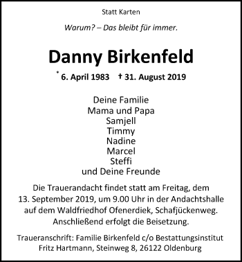 Traueranzeige von Danny Birkenfeld von Nordwest-Zeitung