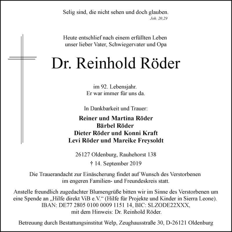  Traueranzeige für Dr. Reinhold Röder vom 18.09.2019 aus Nordwest-Zeitung