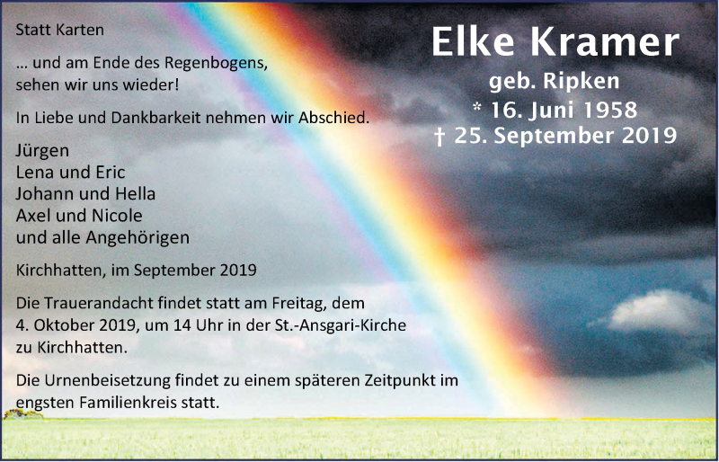  Traueranzeige für Elke Kramer vom 30.09.2019 aus Nordwest-Zeitung