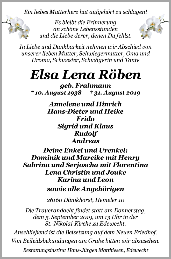  Traueranzeige für Elsa Lena Röben vom 03.09.2019 aus Nordwest-Zeitung