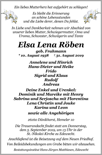 Traueranzeige von Elsa Lena Röben von Nordwest-Zeitung
