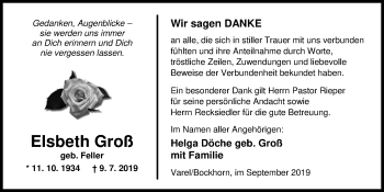 Traueranzeige von Elsbeth Groß von Nordwest-Zeitung