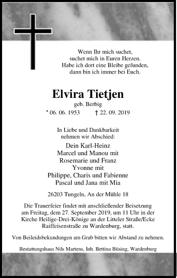 Traueranzeige von Elvira Tietjen von Nordwest-Zeitung