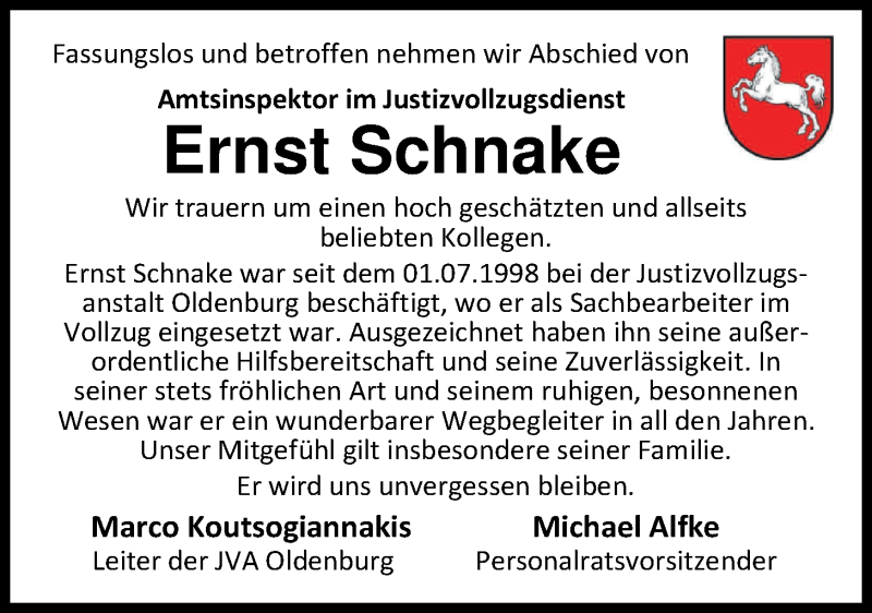  Traueranzeige für Ernst Schnake vom 11.09.2019 aus Nordwest-Zeitung