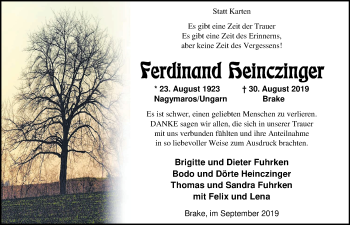 Traueranzeige von Ferdinand Heinczinger von Nordwest-Zeitung