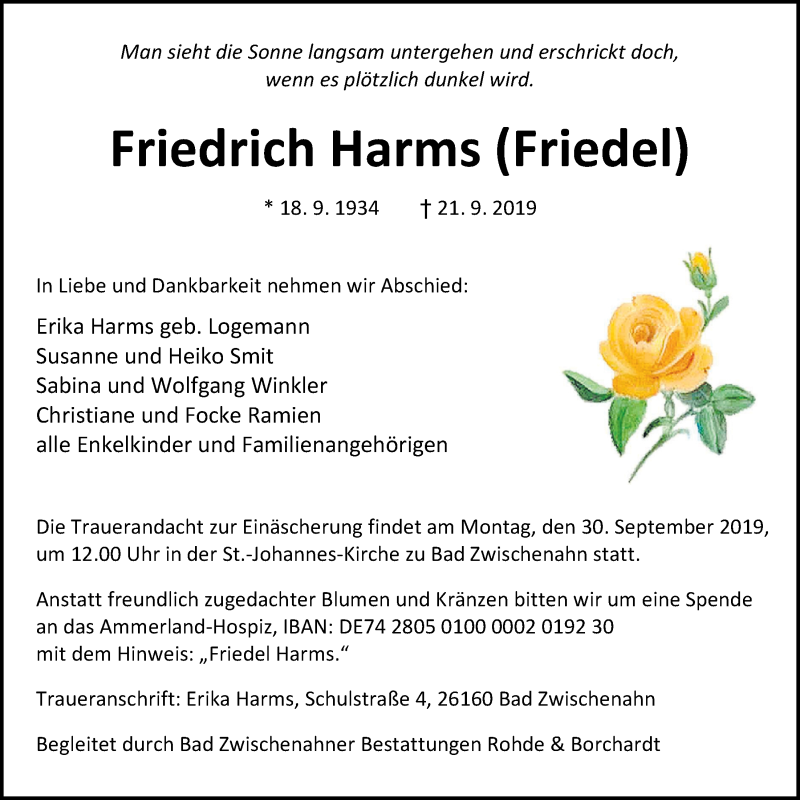  Traueranzeige für Friedrich Harms vom 25.09.2019 aus Nordwest-Zeitung