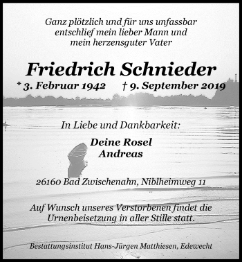 Traueranzeige von Friedrich Schnieder von Nordwest-Zeitung