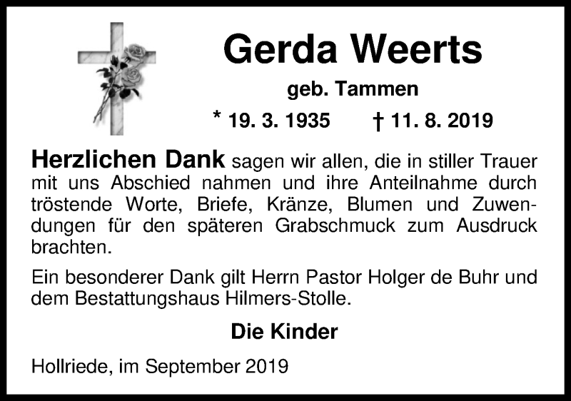  Traueranzeige für Gerda Weerts vom 20.09.2019 aus Nordwest-Zeitung