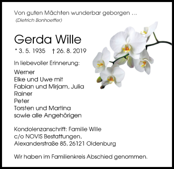 Traueranzeige von Gerda Wille von Nordwest-Zeitung