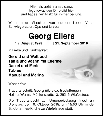 Traueranzeige von Gerold Eilers von Nordwest-Zeitung