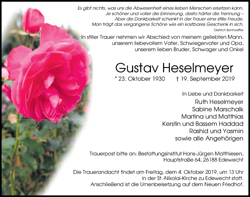  Traueranzeige für Gustav Heselmeyer vom 28.09.2019 aus Nordwest-Zeitung